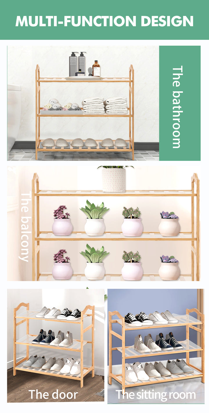Bamboo Shoe Rack Storage - 3 Tiers Wooden Organiser.