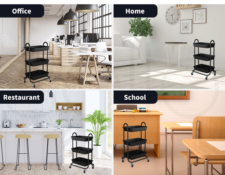 3 Tiers Kitchen Storage Trolley - Steel Frame with Rolling Wheels.