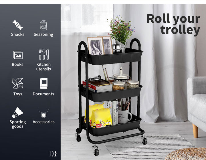 3 Tiers Kitchen Storage Trolley - Steel Frame with Rolling Wheels.