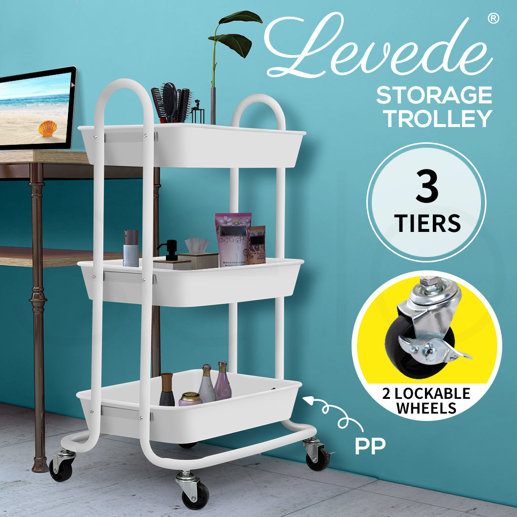 3 Tiers Kitchen Storage Trolley - Steel Frame with Rolling Wheels.