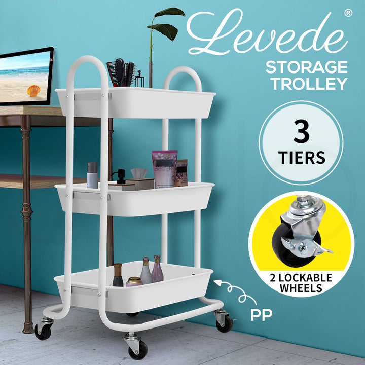 3 Tiers Kitchen Storage Trolley - Steel Frame with Rolling Wheels.