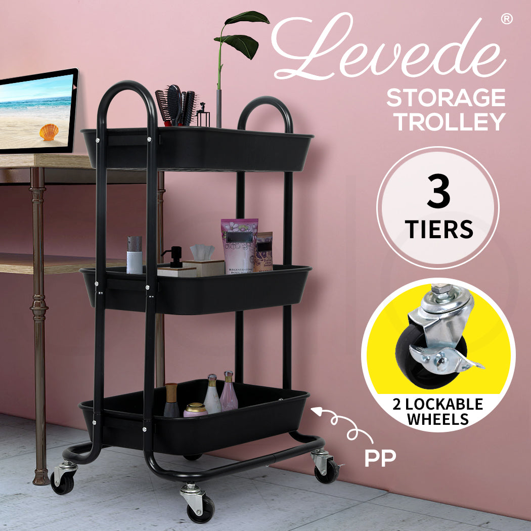 3 Tiers Kitchen Storage Trolley - Steel Frame with Rolling Wheels.