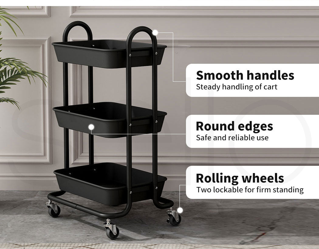 3 Tiers Kitchen Storage Trolley - Steel Frame with Rolling Wheels.