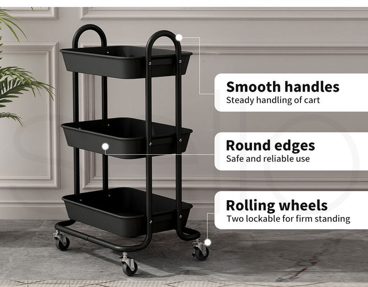 3 Tiers Kitchen Storage Trolley - Steel Frame with Rolling Wheels.