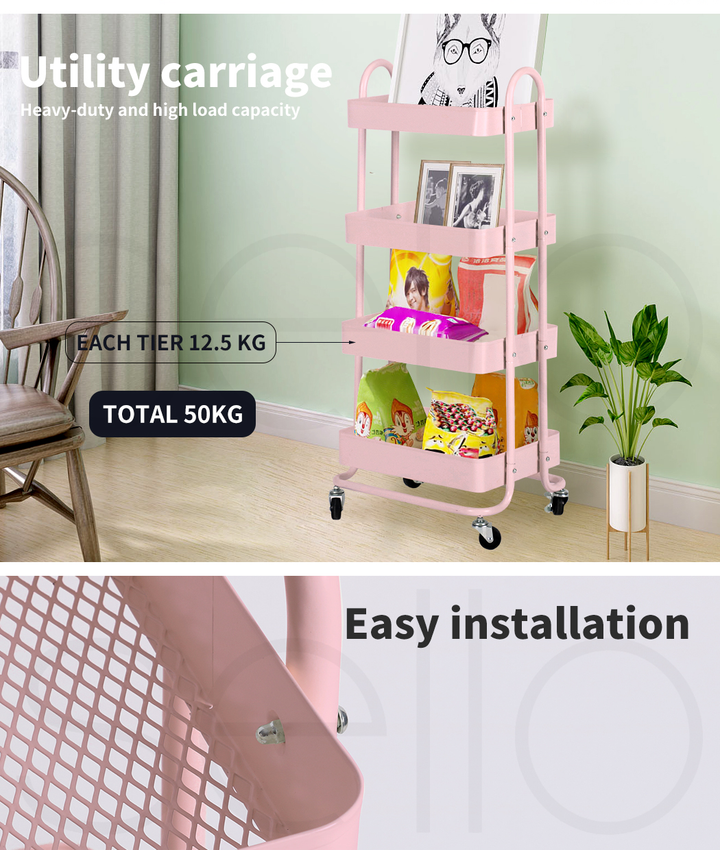 4 Tiers Kitchen Trolley Cart – Steel Frame with Rolling Wheels.