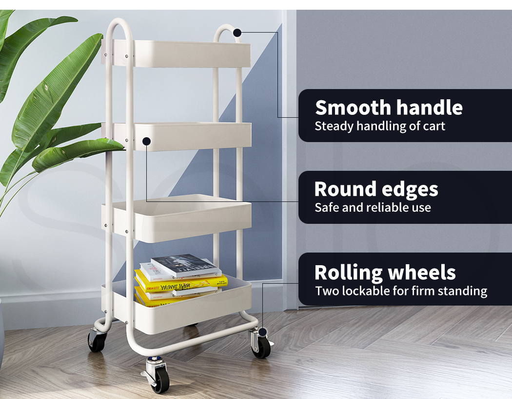4 Tiers Kitchen Trolley Cart – Steel Frame with Rolling Wheels.