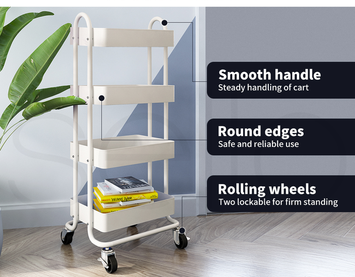 4 Tiers Kitchen Trolley Cart – Steel Frame with Rolling Wheels.