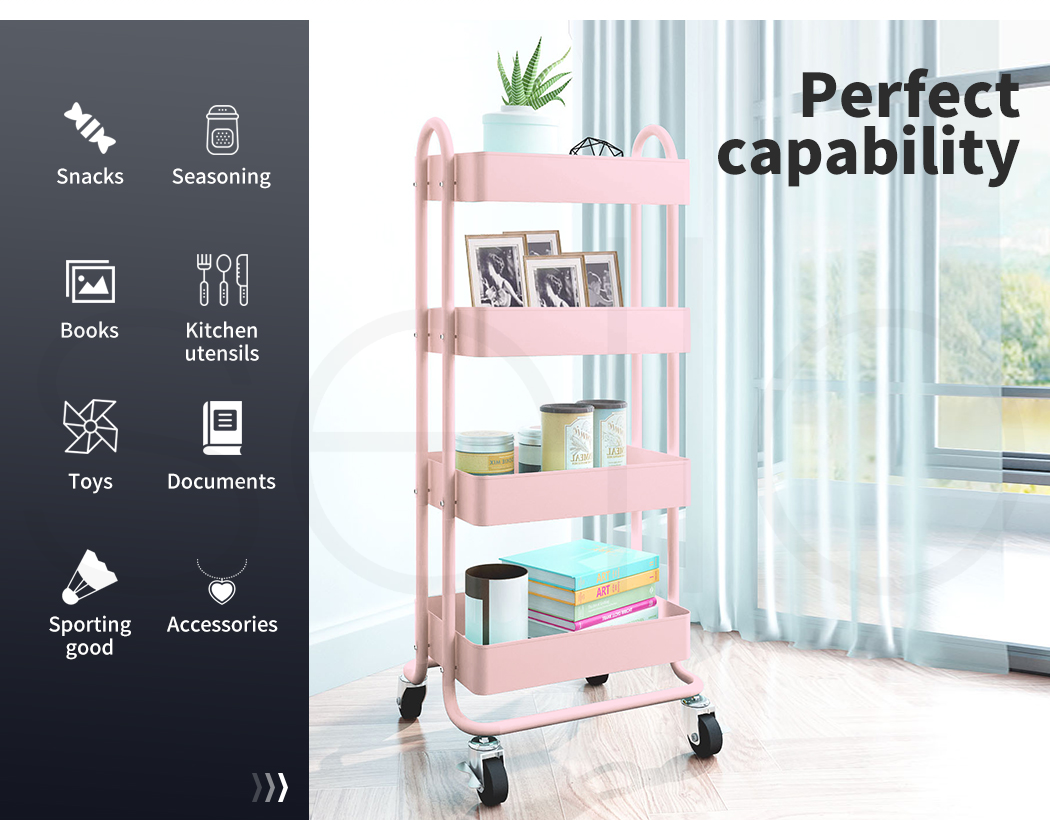 4 Tiers Kitchen Trolley Cart – Steel Frame with Rolling Wheels.