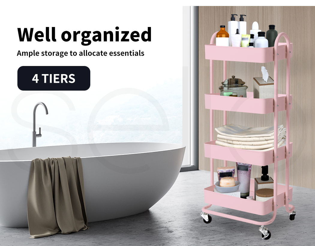 4 Tiers Kitchen Trolley Cart – Steel Frame with Rolling Wheels.