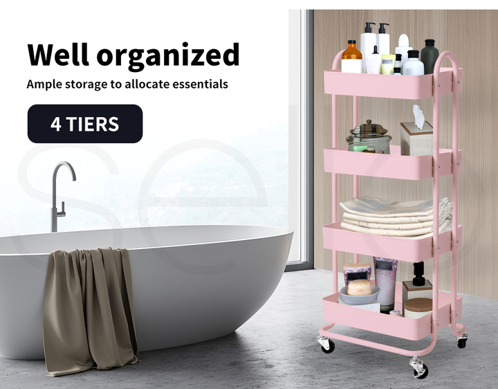 4 Tiers Kitchen Trolley Cart – Steel Frame with Rolling Wheels.