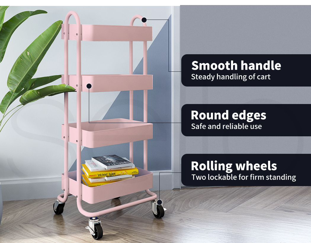 4 Tiers Kitchen Trolley Cart – Steel Frame with Rolling Wheels.