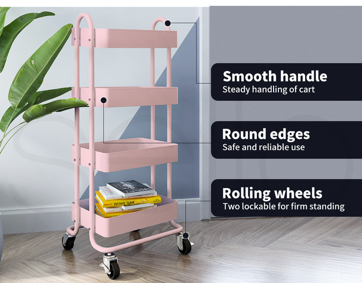 4 Tiers Kitchen Trolley Cart – Steel Frame with Rolling Wheels.