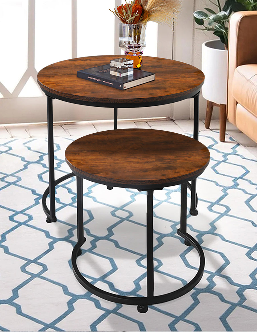 Round Nesting Table Coffee Table Set of 2 Wooden Side Table End Table.