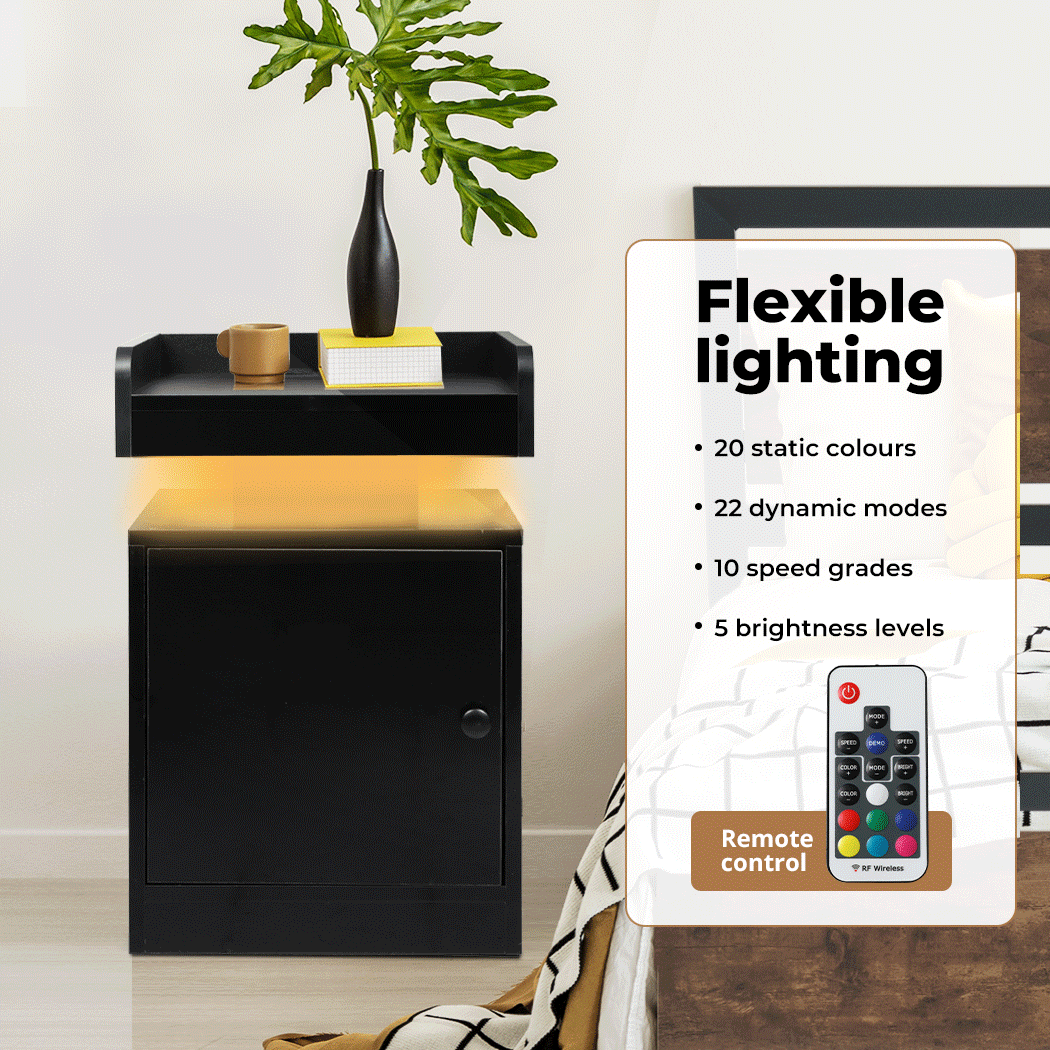 Bedside Table with Door Storage and LED.