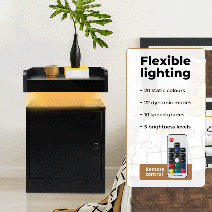 Bedside Table with Door Storage and LED.