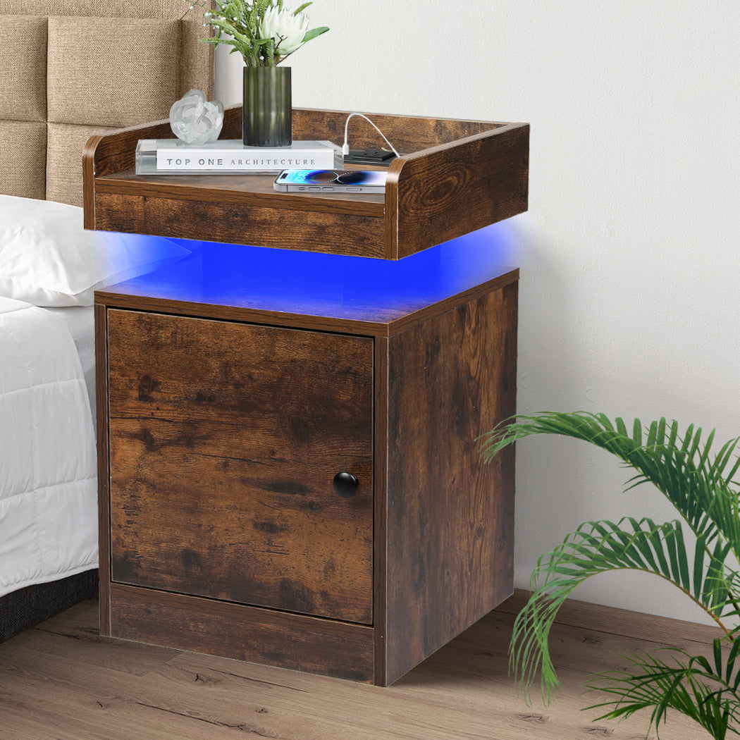 Levede Bedside Table USB Charger Outlet RGB Oak.