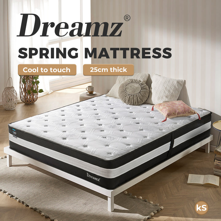 King Single Cooling Mattress Pocket Spring Euro Top Bed Foam 5 Zone 25cm.
