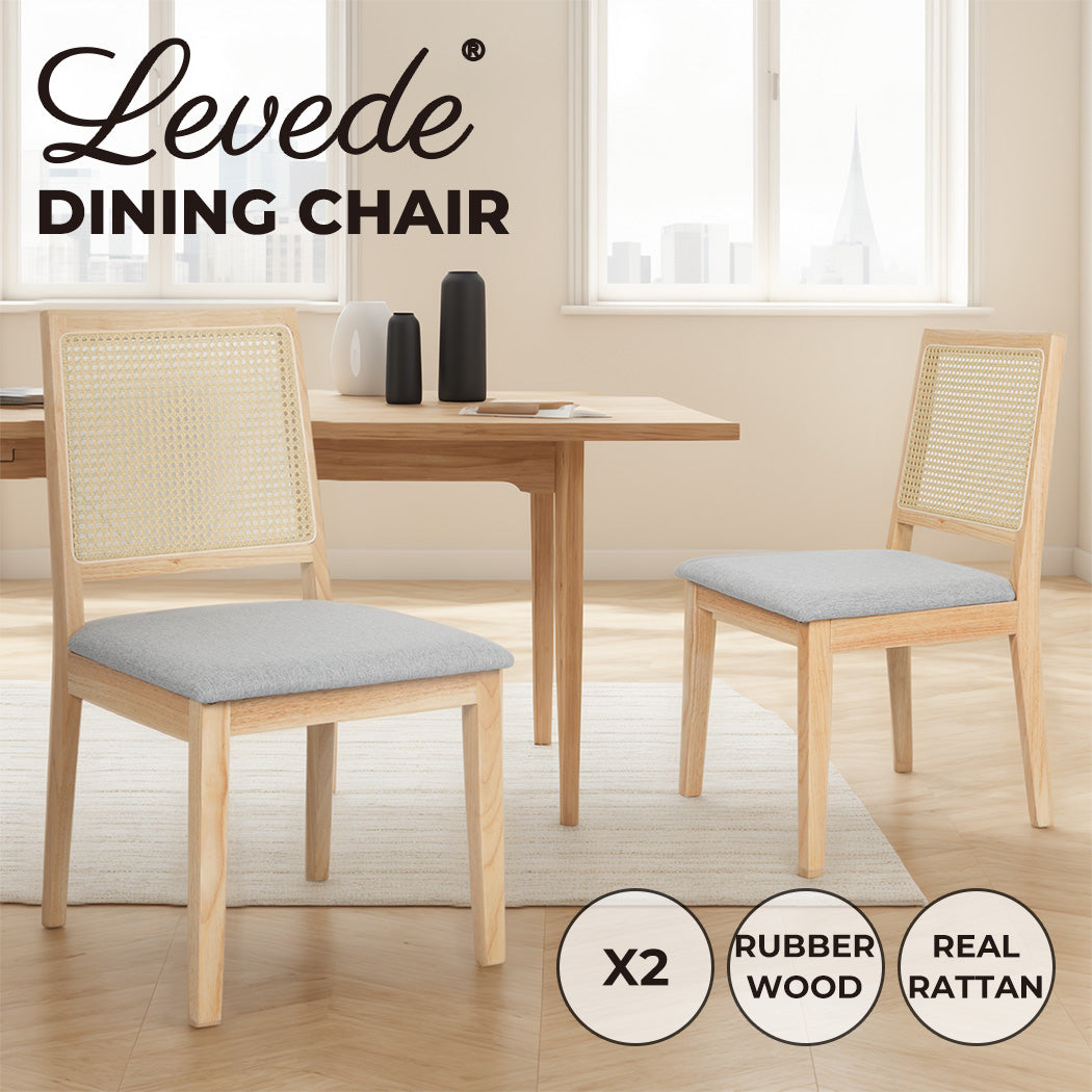 2x Dining Chairs Solid Wood Rattan Weave Lounge Seat Upholstered Linen.