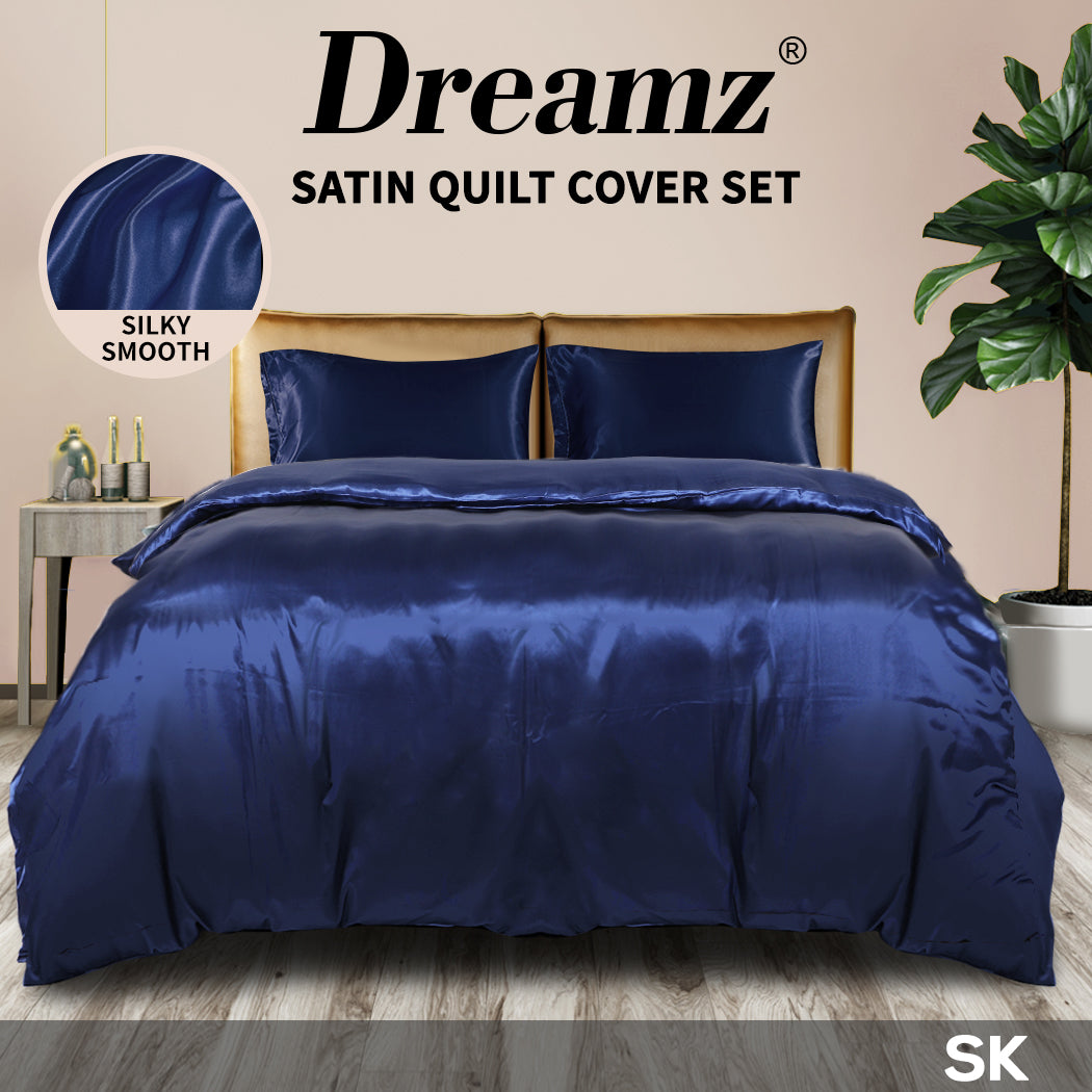 Silky Satin Quilt Cover Set Bedspread Blue.