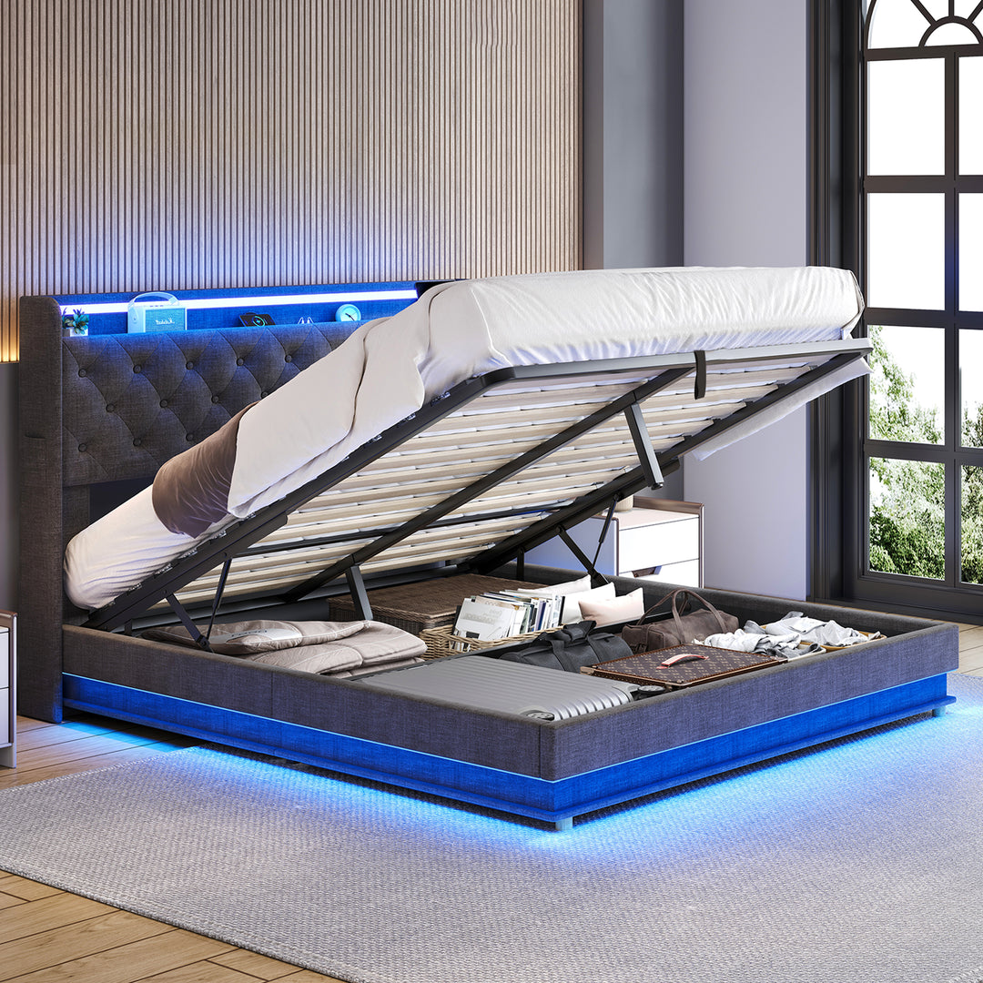 Gas Lift Bed Frame with Storage LED & USB.