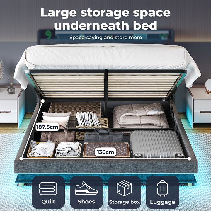 Gas Lift Bed Frame with Storage LED & USB.