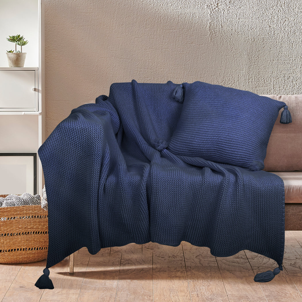 DreamZ Knitting Throw Blanket Cushion Navy.