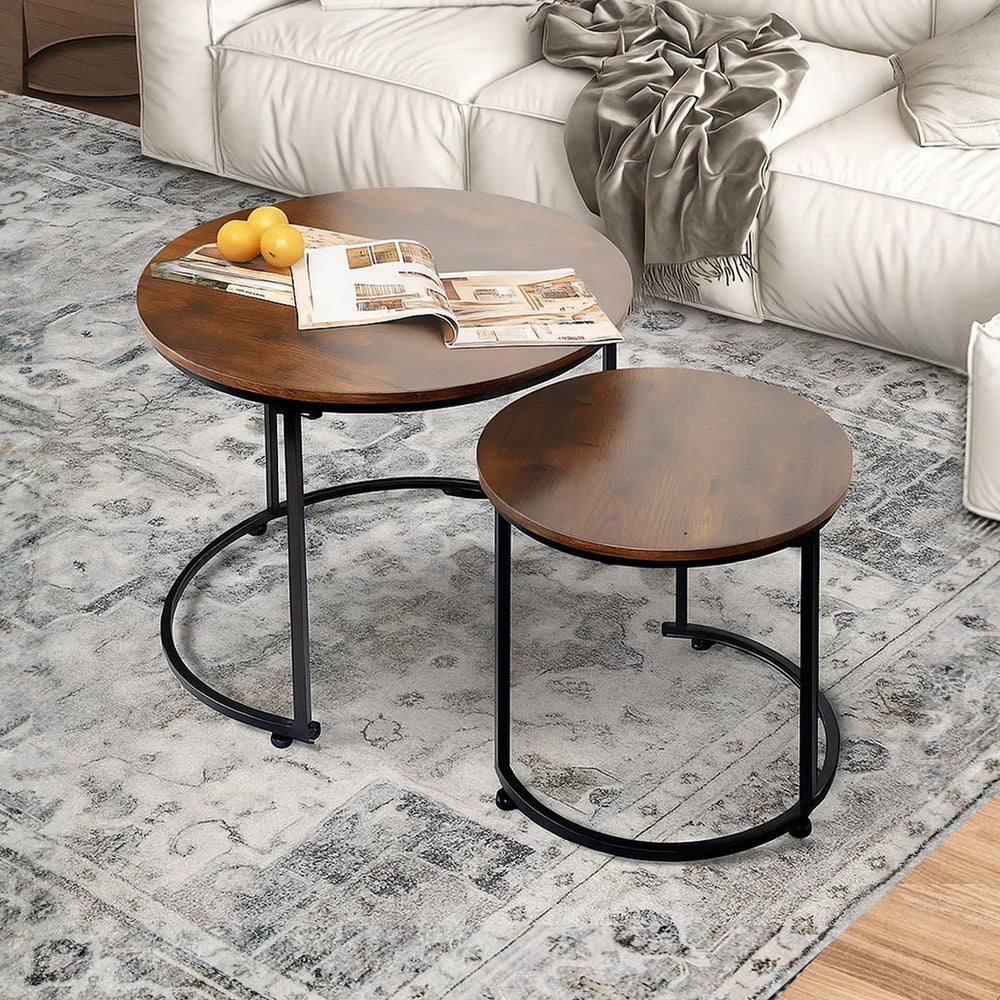 Round Nesting Table Coffee Table Set of 2 Wooden Side Table End Table.