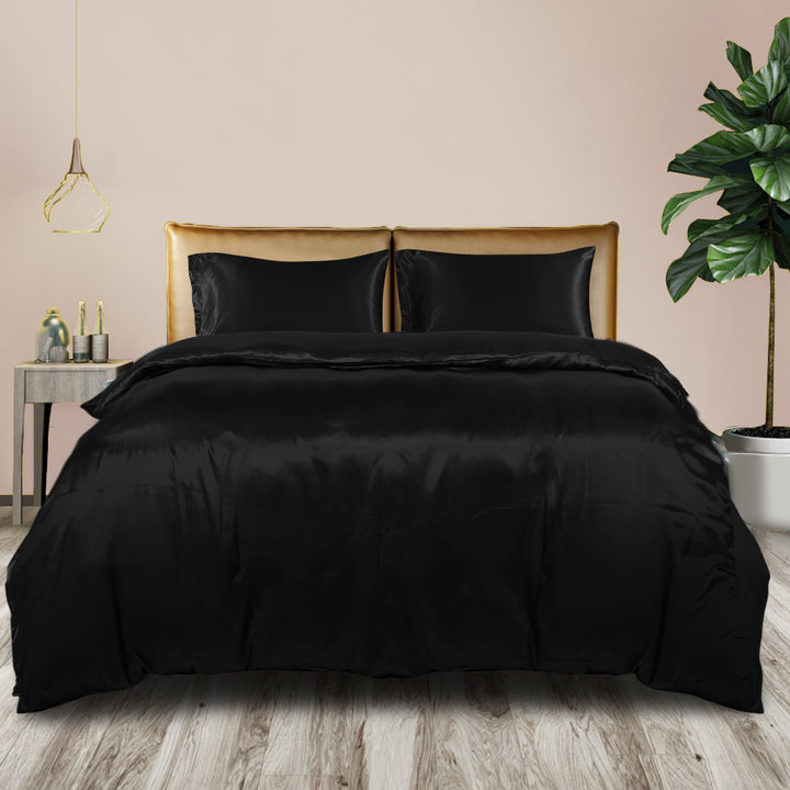 Silky Satin Quilt Cover Set Bedspread Black.