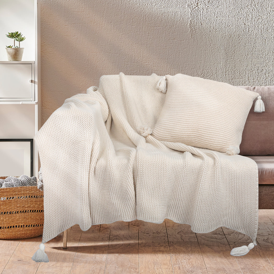 DreamZ Knitting Throw Blanket Cushion Beige.