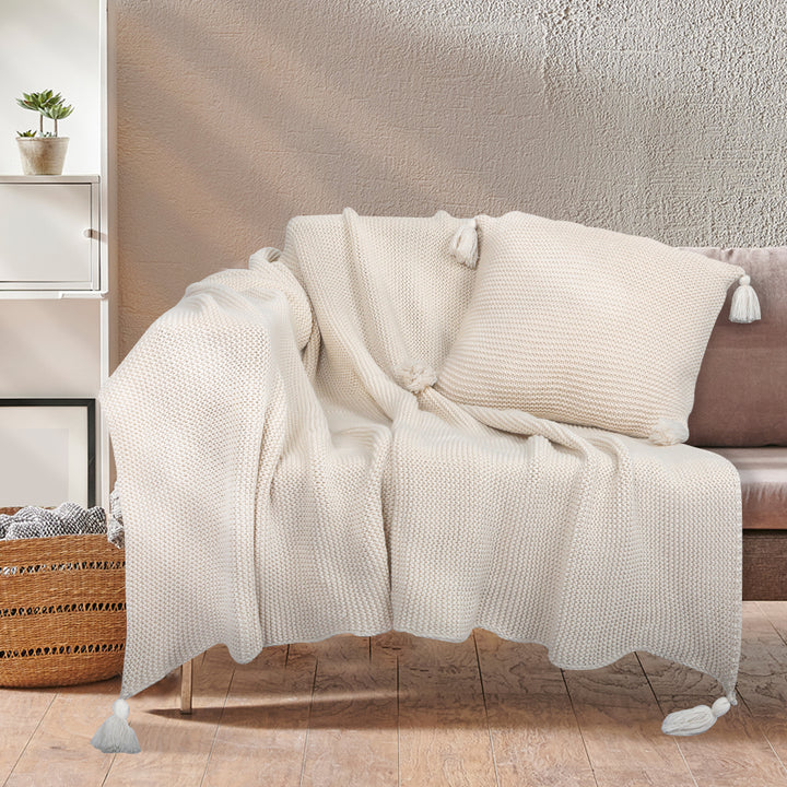 DreamZ Knitting Throw Blanket Cushion Beige.