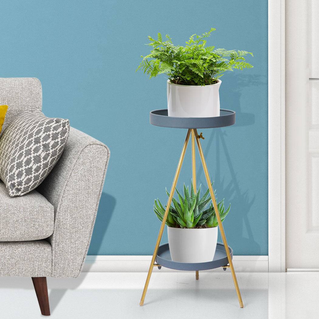 Levede Plant Stand 2 Tiers Outdoor Indoor Grey Gold Medium.