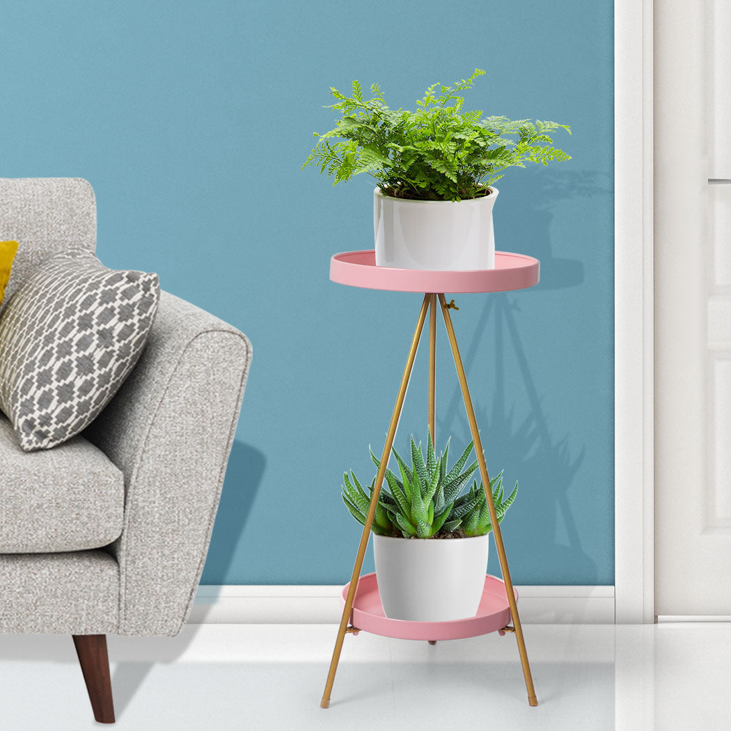 Levede Plant Stand 2 Tiers Outdoor Indoor Pink Gold Medium.