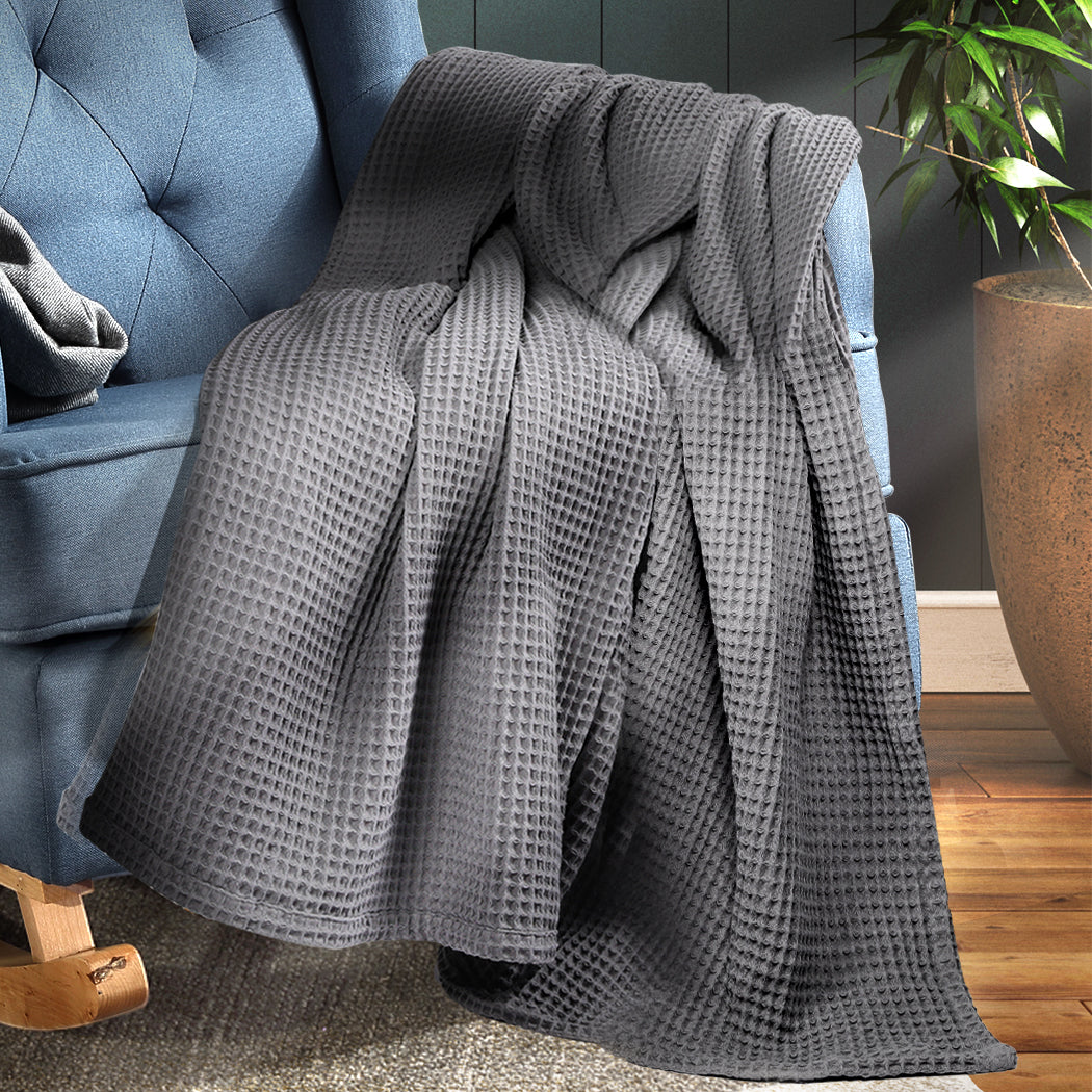 DreamZ Throw Blanket Cotton Waffle Blankets Grey Double.