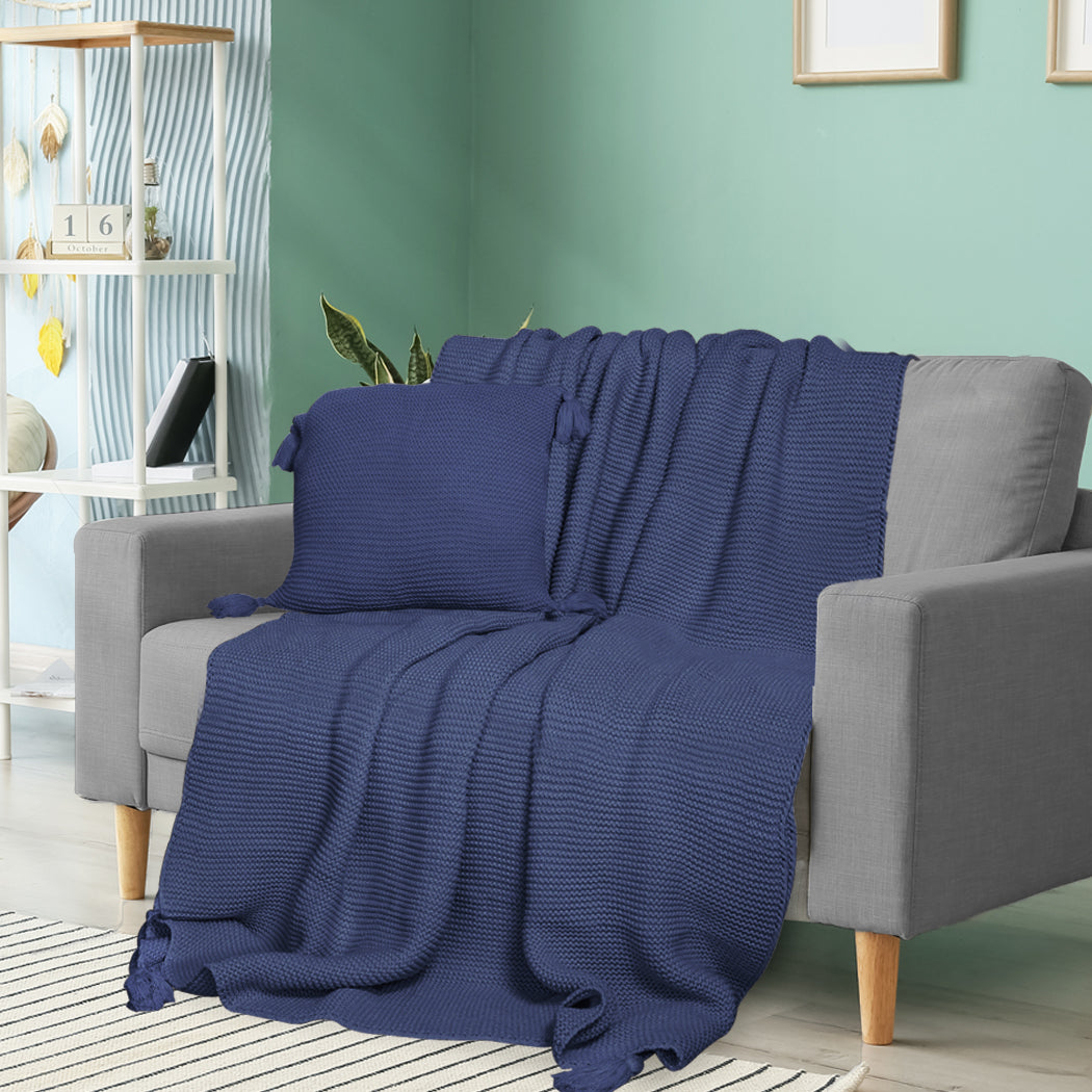DreamZ Knitting Throw Blanket Cushion Navy.
