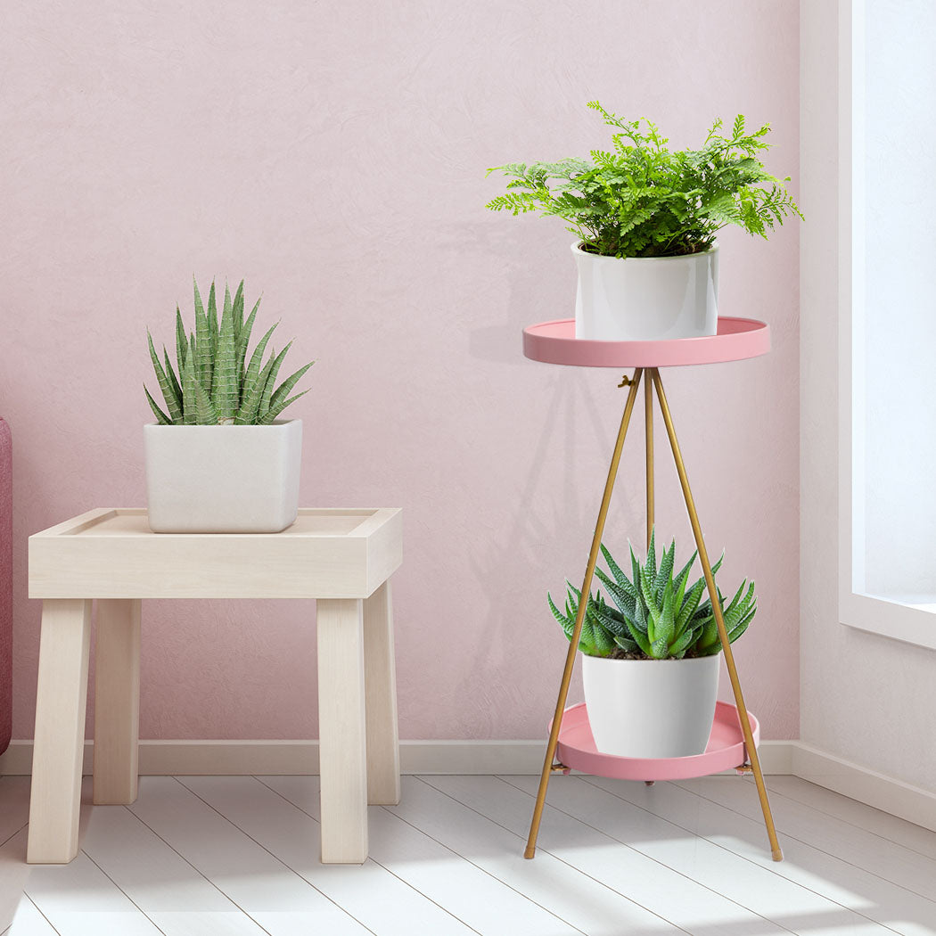 Levede Plant Stand 2 Tiers Outdoor Indoor Pink Gold Medium.