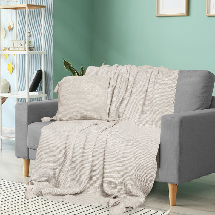 DreamZ Knitting Throw Blanket Cushion Beige.