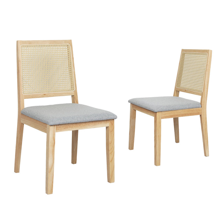 2x Dining Chairs Solid Wood Rattan Weave Lounge Seat Upholstered Linen.