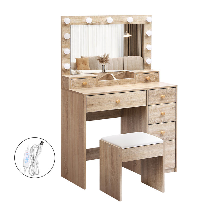 Dressing Table Stool Set 11 Bulbs Makeup Mirror Vanity Desk Cabinet Oak.