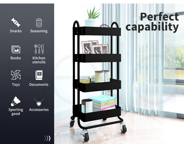 4 Tiers Kitchen Trolley Cart – Steel Frame with Rolling Wheels
