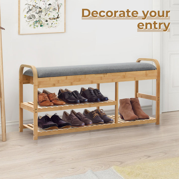 Bamboo Shoe Rack Bench Entryway Seat.
