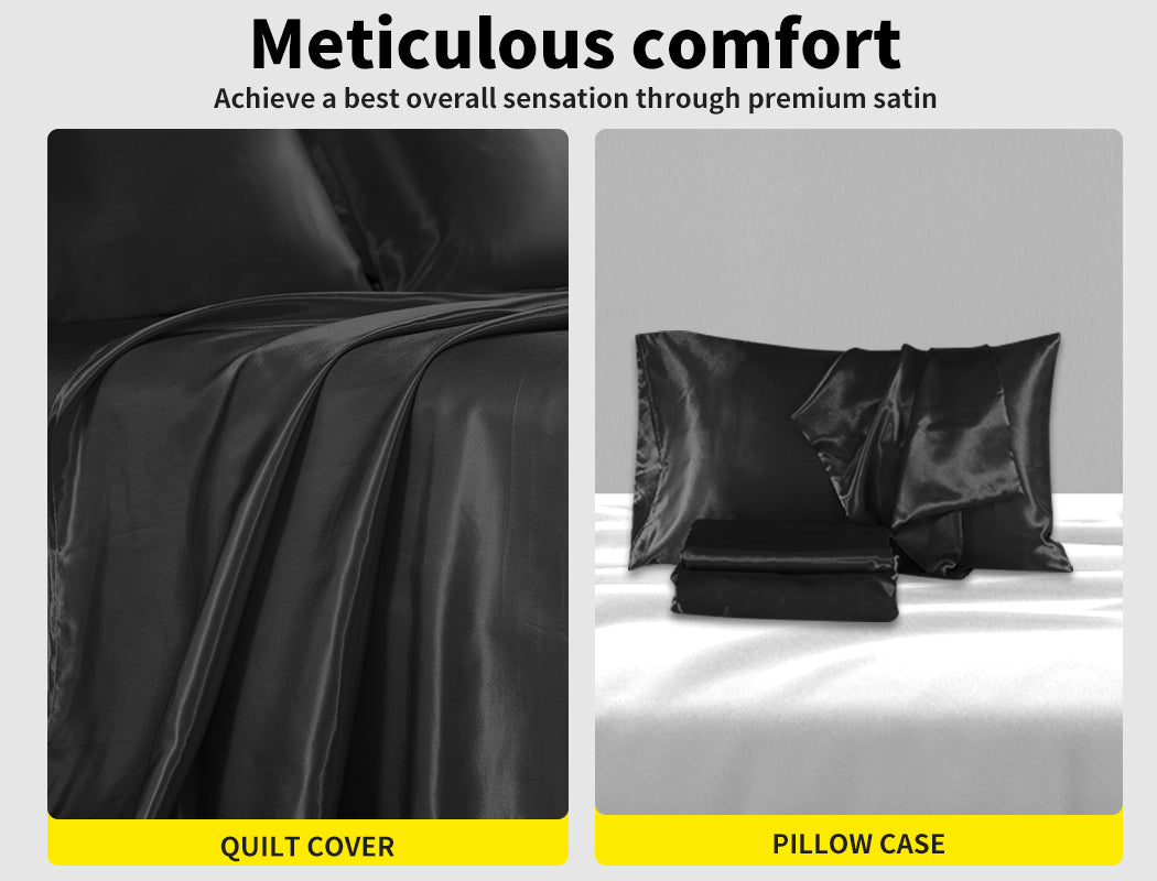 Silky Satin Quilt Cover Set Bedspread Black.