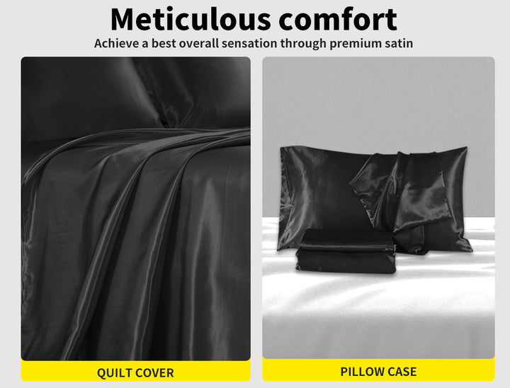 Silky Satin Quilt Cover Set Bedspread Black.