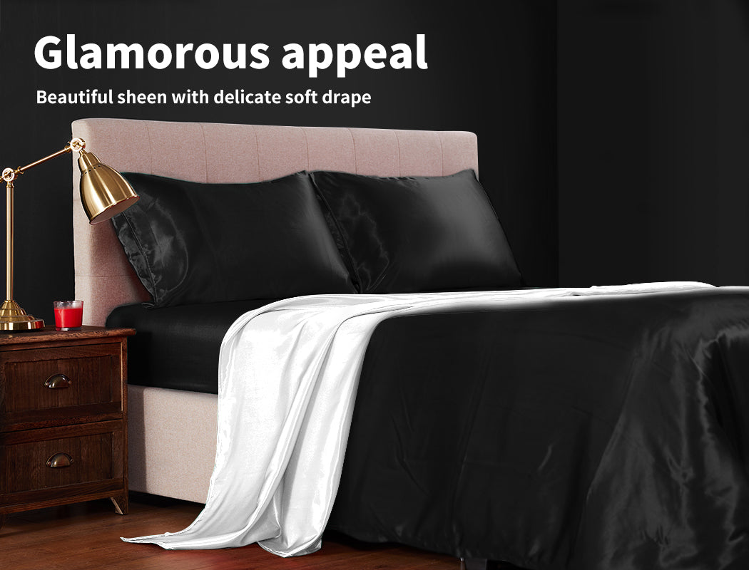 Silky Satin Quilt Cover Set Bedspread Black.