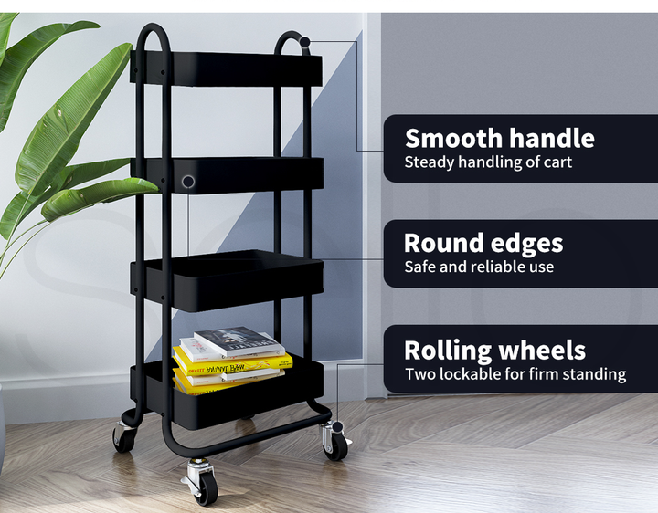 4 Tiers Kitchen Trolley Cart – Steel Frame with Rolling Wheels