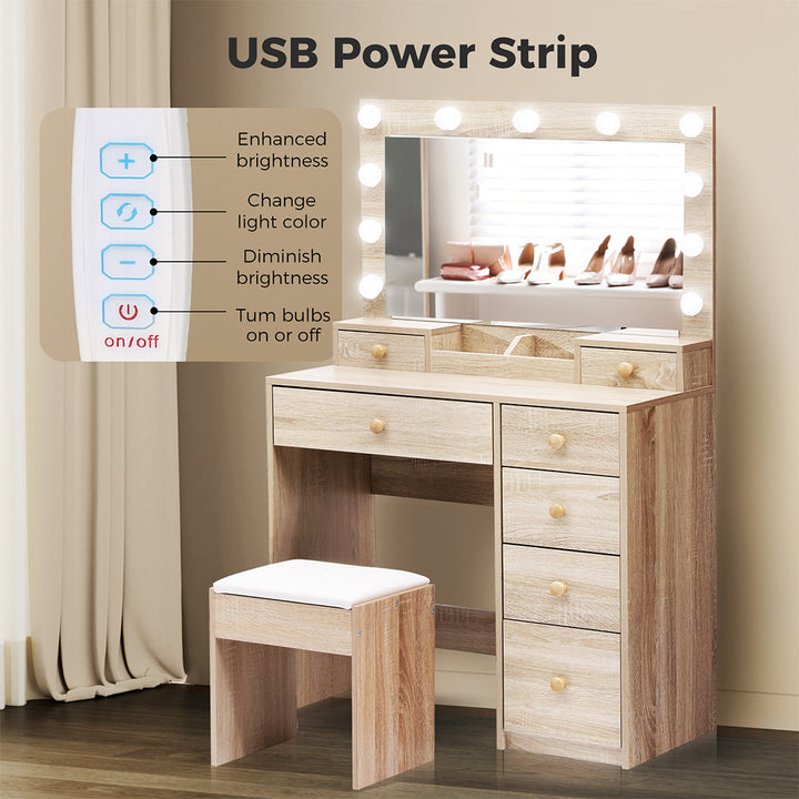 Dressing Table Stool Set 11 Bulbs Makeup Mirror Vanity Desk Cabinet Oak.