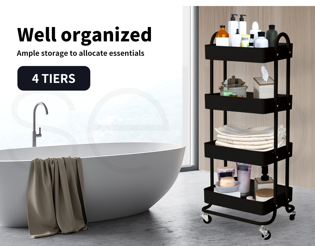 4 Tiers Kitchen Trolley Cart – Steel Frame with Rolling Wheels