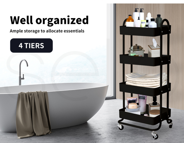 4 Tiers Kitchen Trolley Cart – Steel Frame with Rolling Wheels
