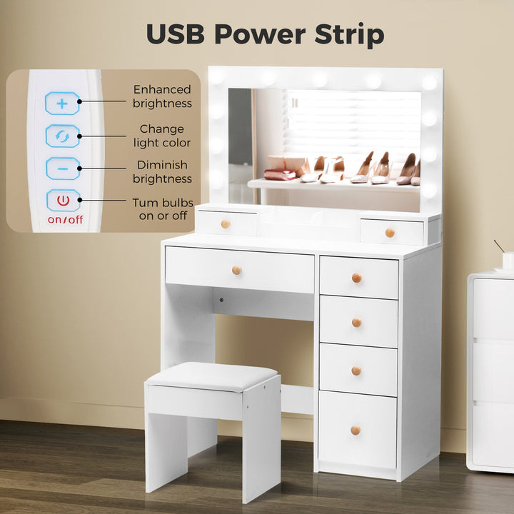 Dressing Table Stool Set 11 Bulbs Makeup Mirror Vanity Desk Cabinet White.