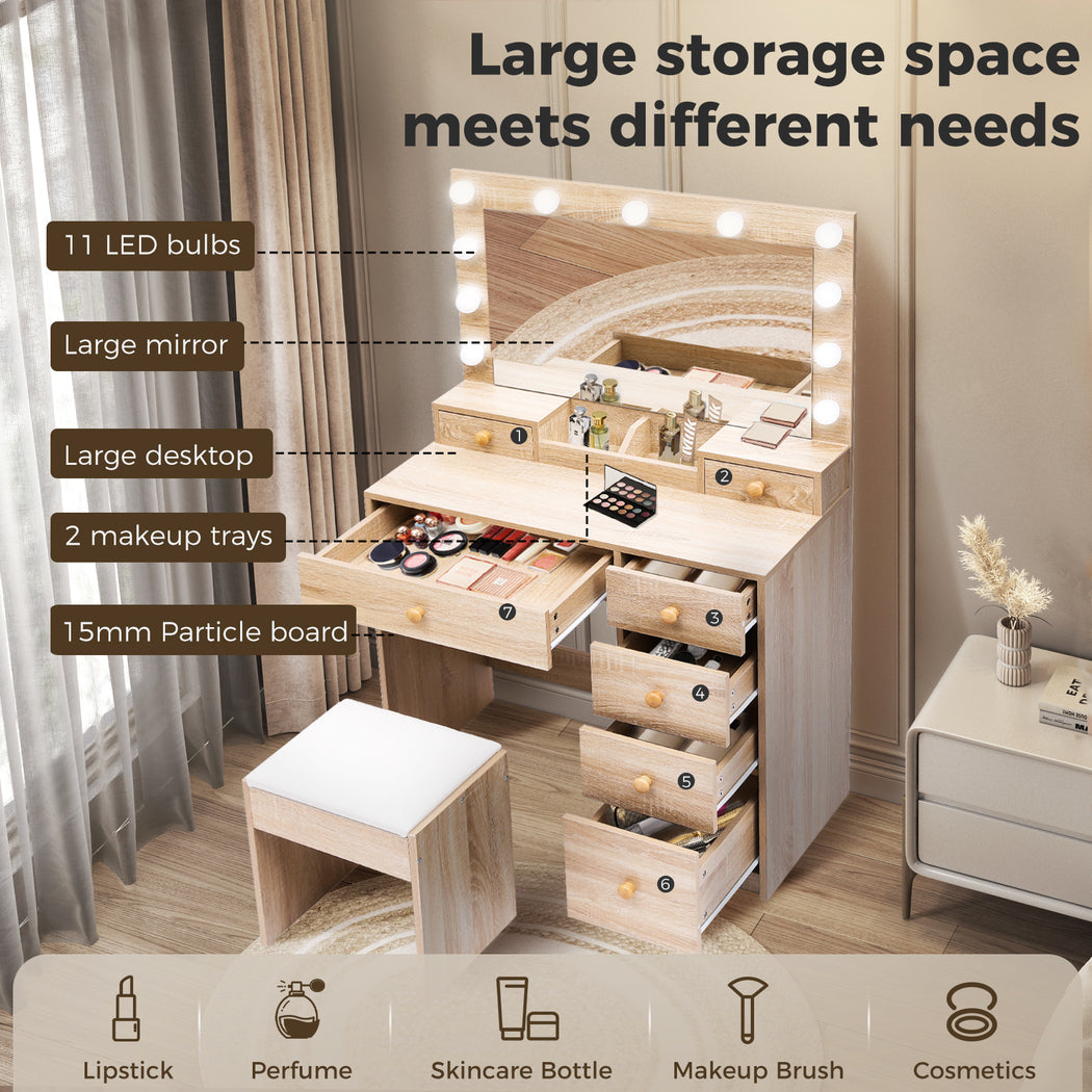 Dressing Table Stool Set 11 Bulbs Makeup Mirror Vanity Desk Cabinet Oak.