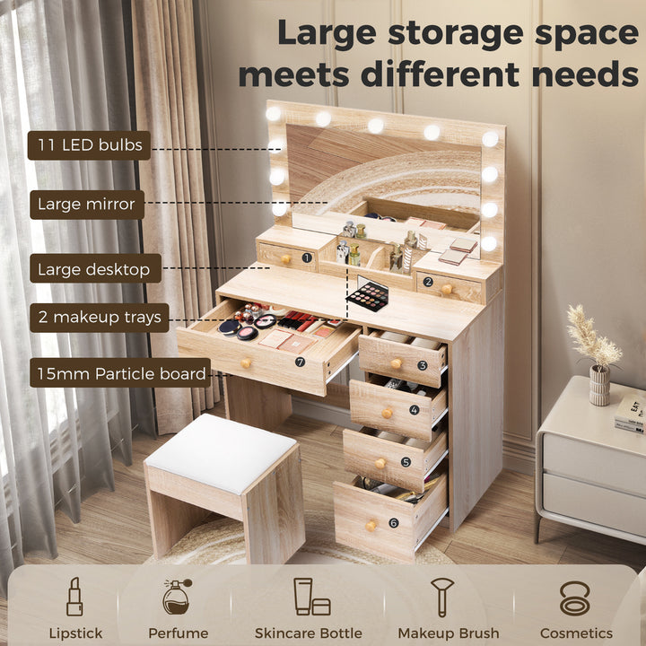 Dressing Table Stool Set 11 Bulbs Makeup Mirror Vanity Desk Cabinet Oak.
